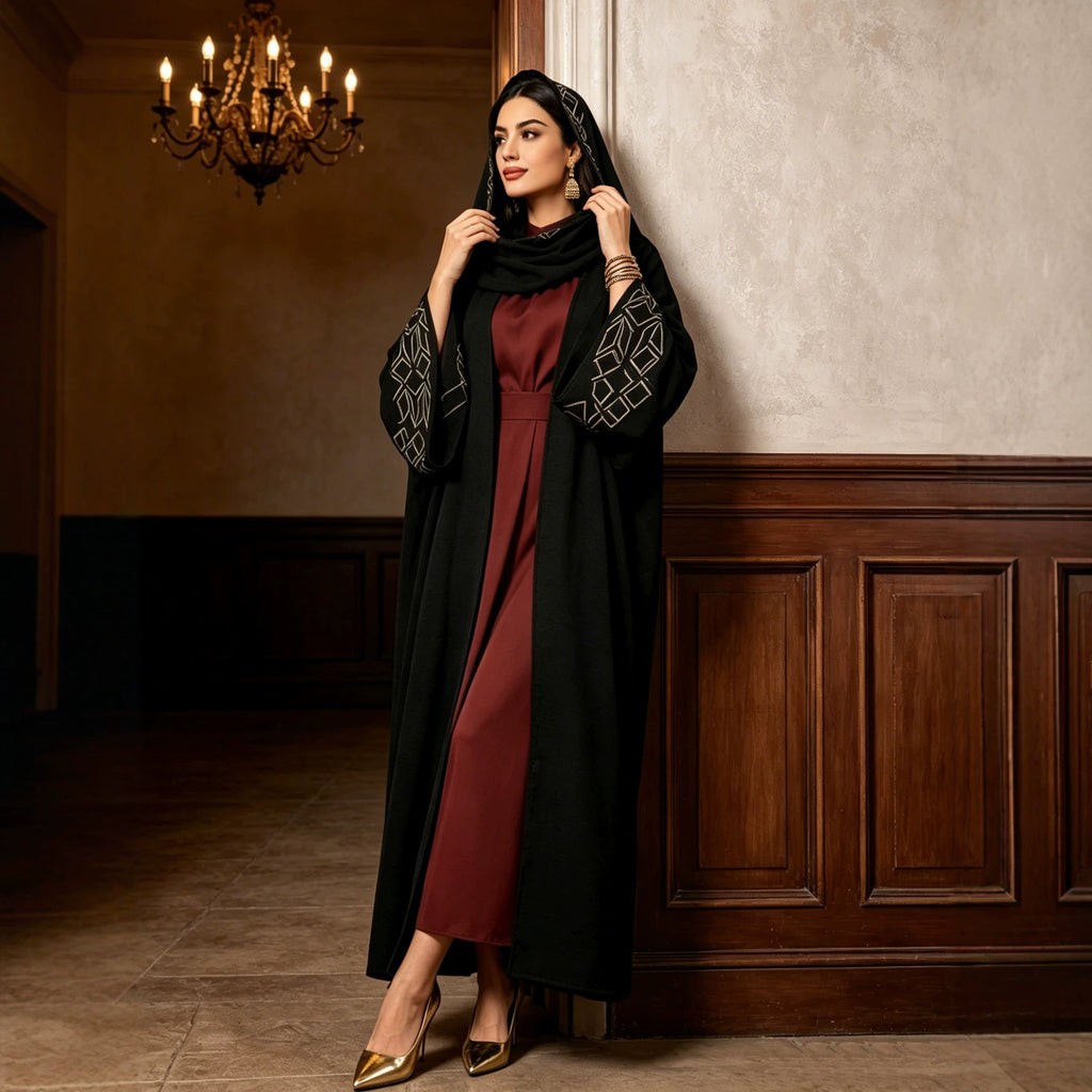 Robe longue noire brodée à manches longues avec foulard