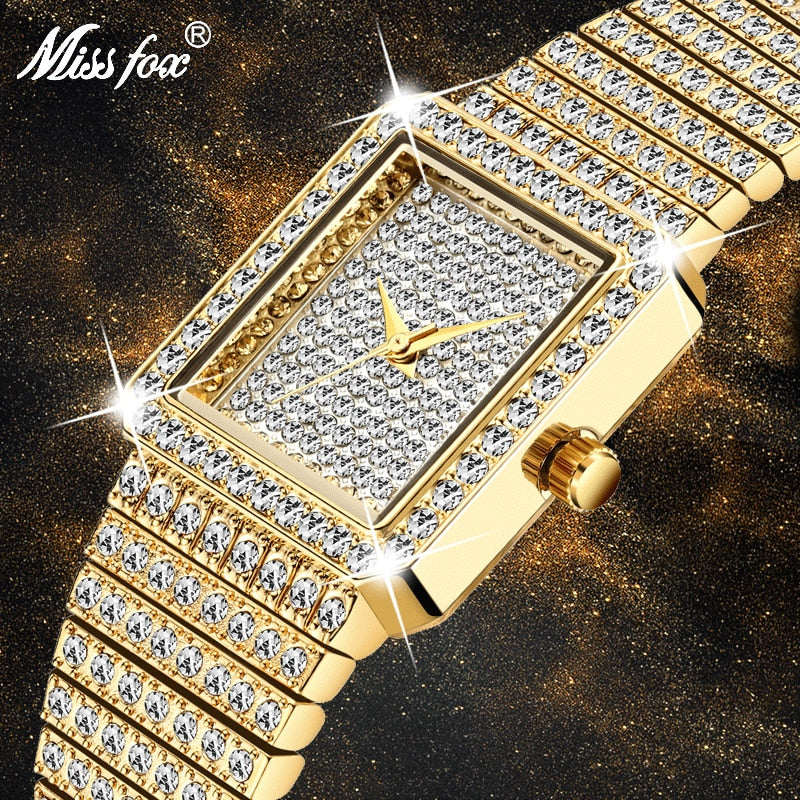 Montre Femme MISSFOX Carrée Diamants – Finition Dorée, Quartz Luxe