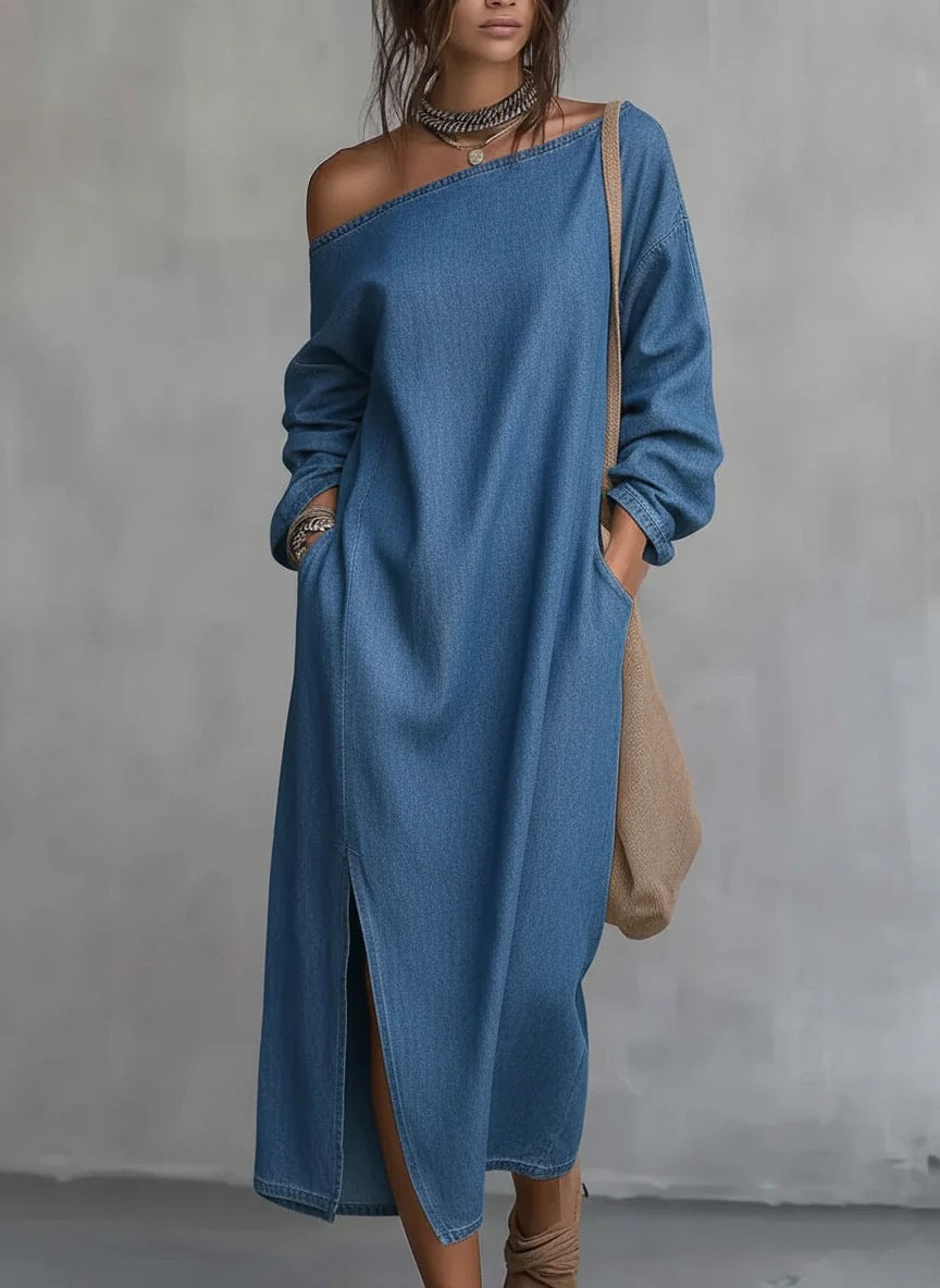 Robe longue asymétrique à manches longues et boutons