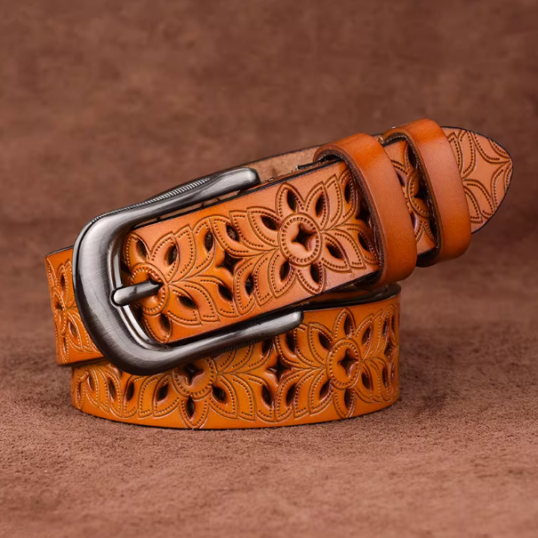 Ceinture femme en cuir ajouré à motifs floraux