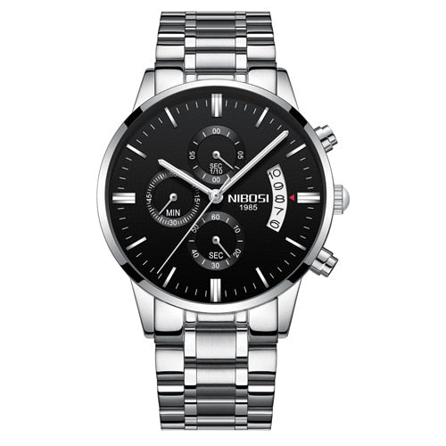 Nibosi Herrenuhr Quarz-Chronograph — 43 mm Edelstahlgehäuse, 3 bar wasserdicht, inklusive Geschenkbox