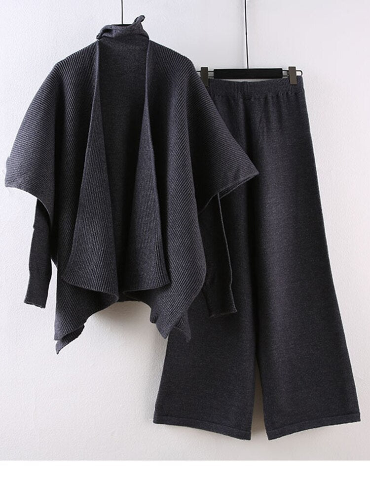 Ensemble femme en maille 3 pièces – Pull col roulé, châle et pantalon large