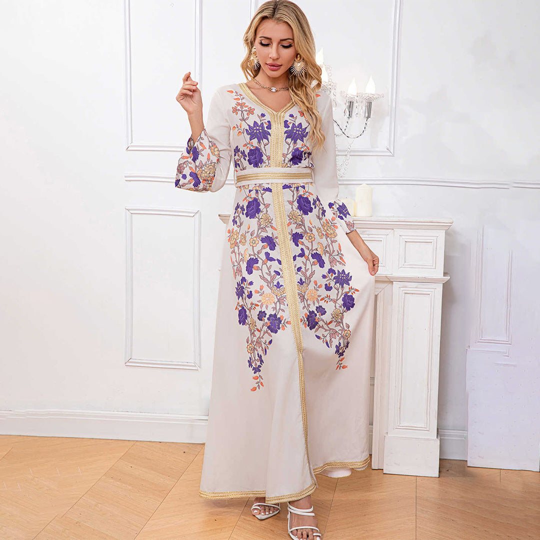 Robe longue imprimée à manches évasées trois-quarts
