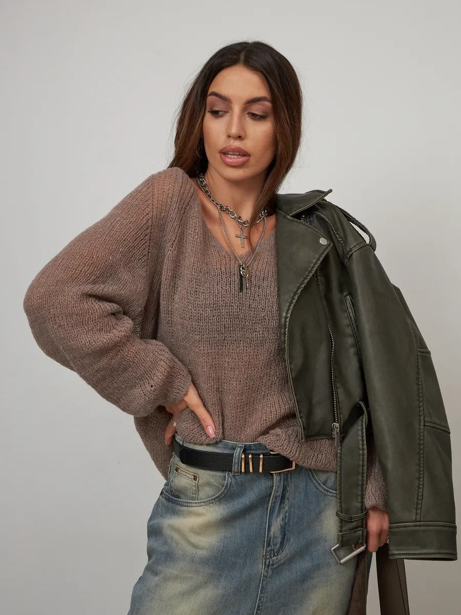 Einfarbiger Pullover mit Rundhalsausschnitt und Lochstrickmuster, lange Ärmel