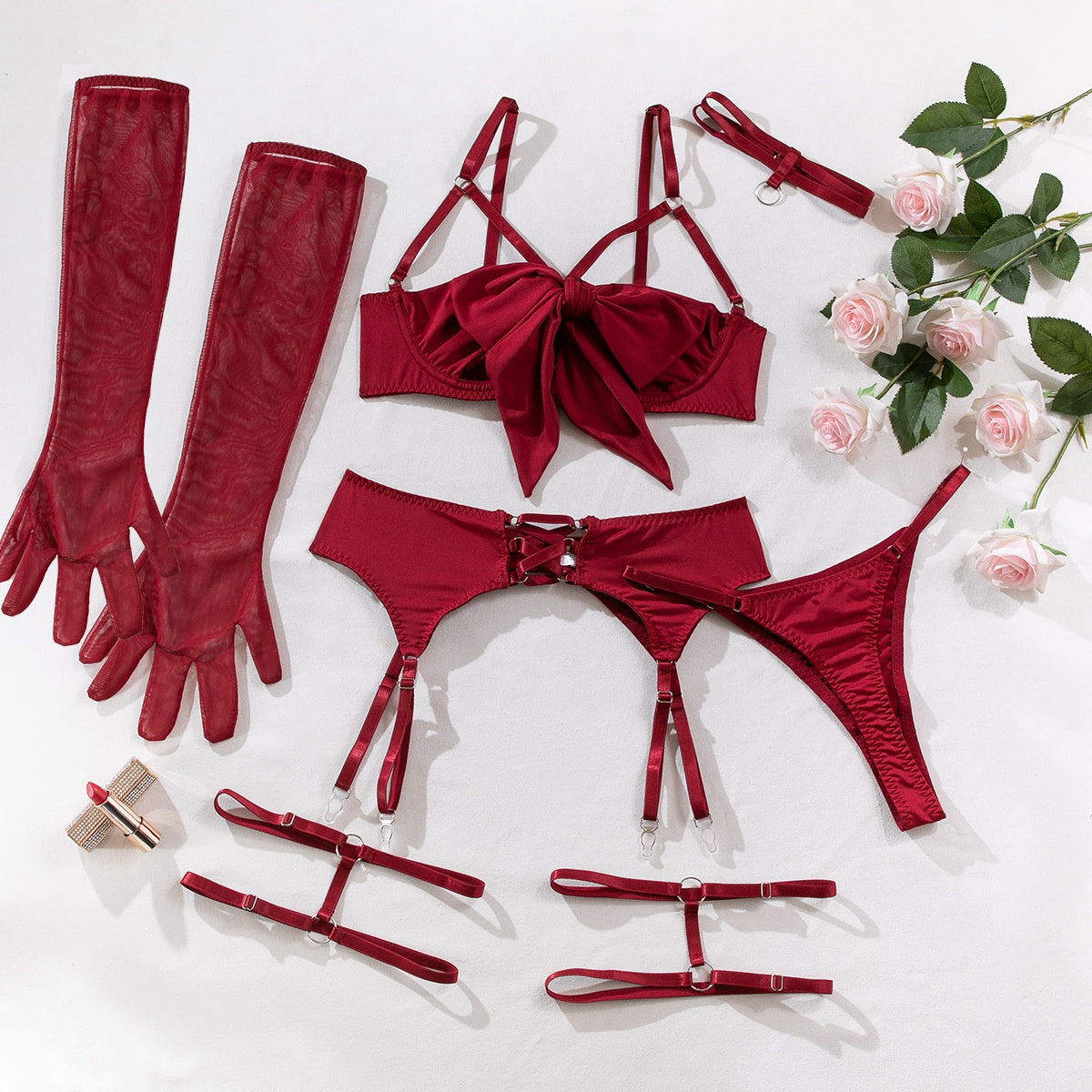 Ensemble lingerie effet satin à grand nœud et porte-jarretelles