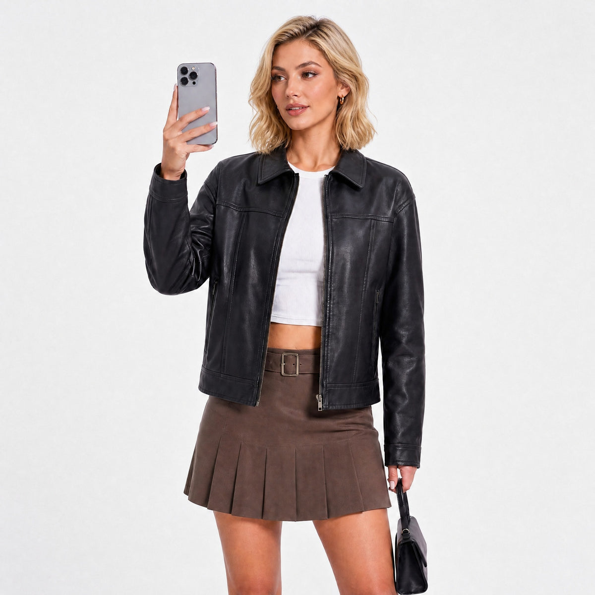 Veste femme zippée en simili cuir à col rabattu