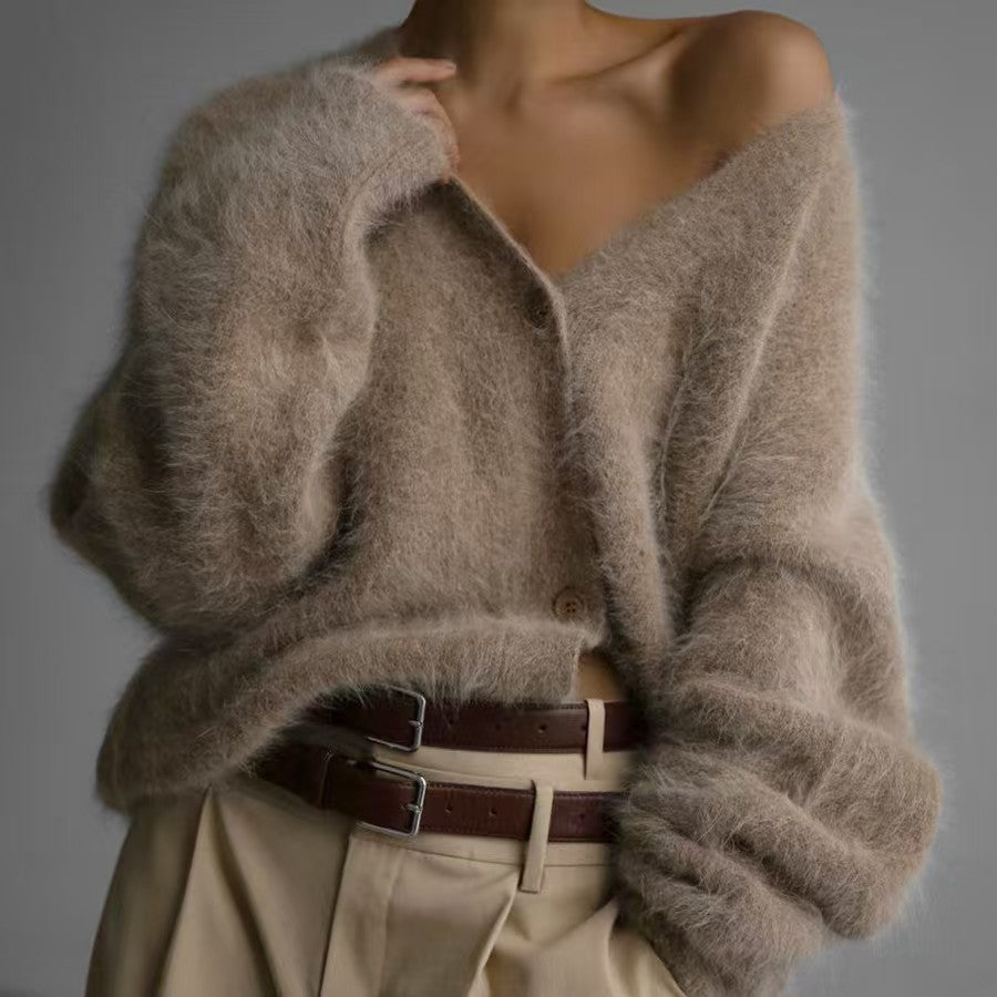 Damen-Cardigan mit V-Ausschnitt, Webpelz in Nerzoptik, locker geschnitten, 6 Farben