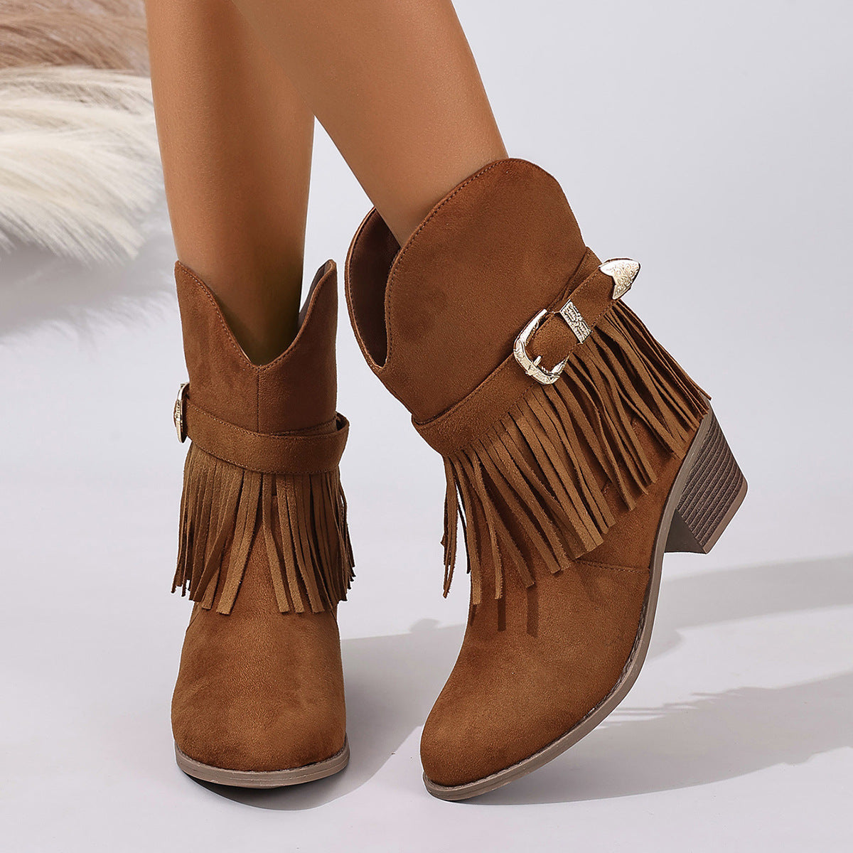 Bottines Franges Style Western Femme – Talon Épais, Semelle Plateforme, Boucle, Cuir Suédé