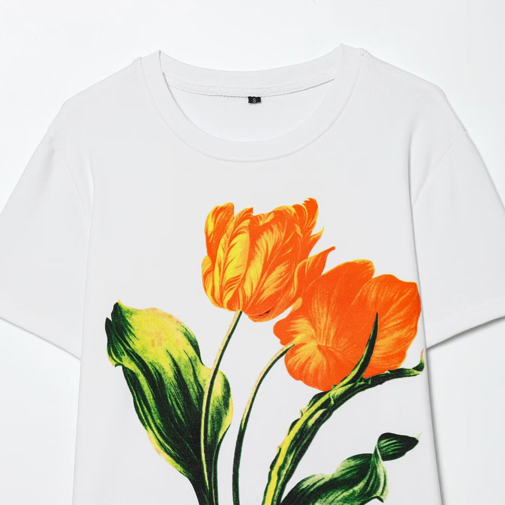 T-shirt femme blanc à imprimé tulipes orange