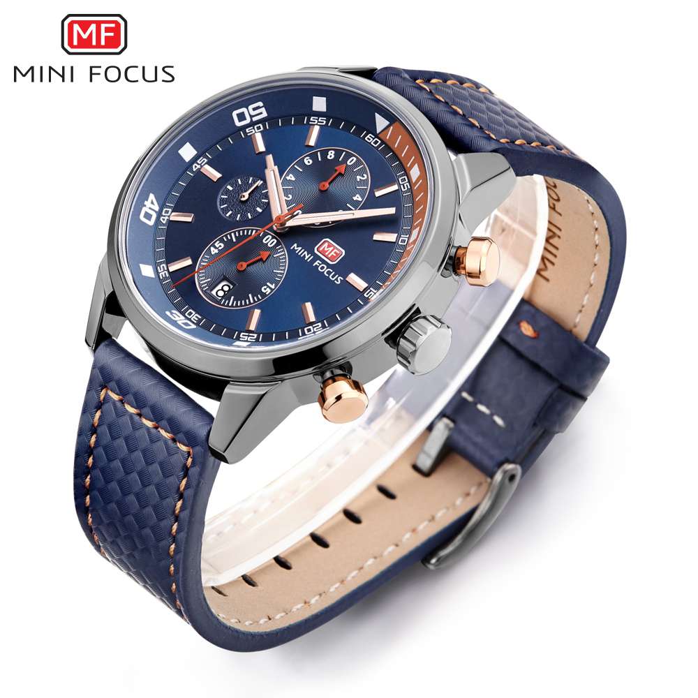 Mini Focus Herren-Chronograph Quarzuhr — Armband aus echtem Leder, 30m wasserdicht, 41mm
