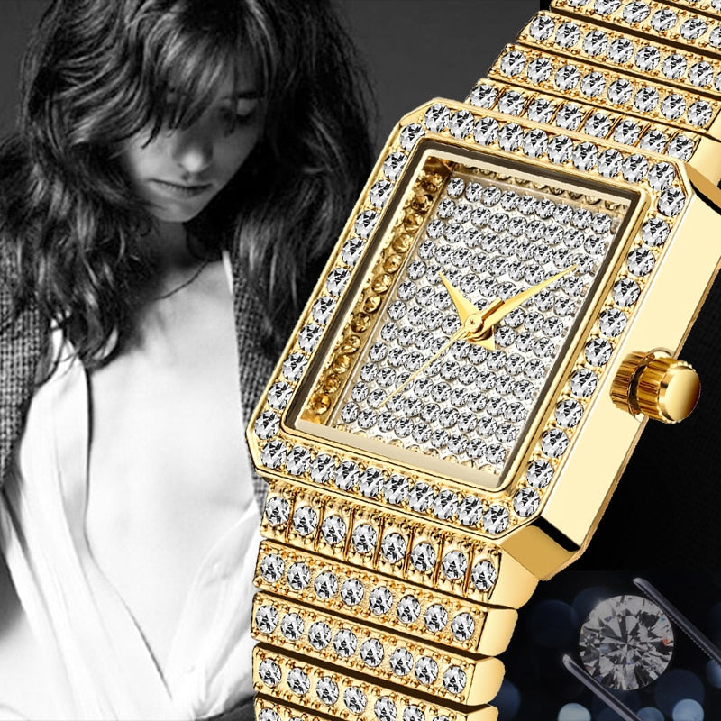 Montre Femme MISSFOX Carrée Diamants – Finition Dorée, Quartz Luxe