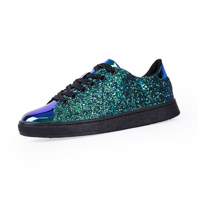 Baskets Plates Paillettes Bling Femme – Lacets, Tige PU, Style Casual Printemps