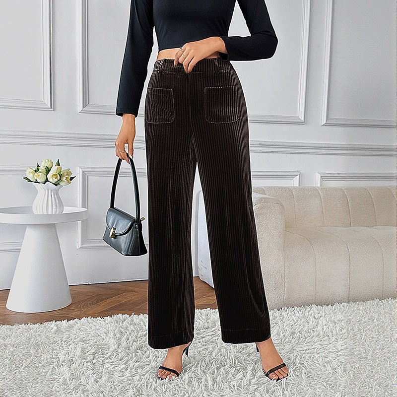 Pantalon droit taille haute femme – Casual automne-hiver, coloris café
