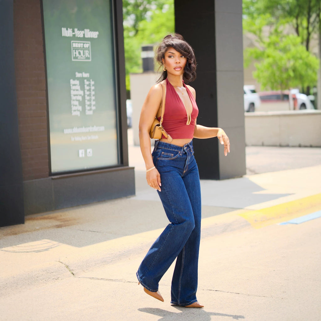 Jean droit basique lavé – Style street américain, Mi-taille, Bleu foncé