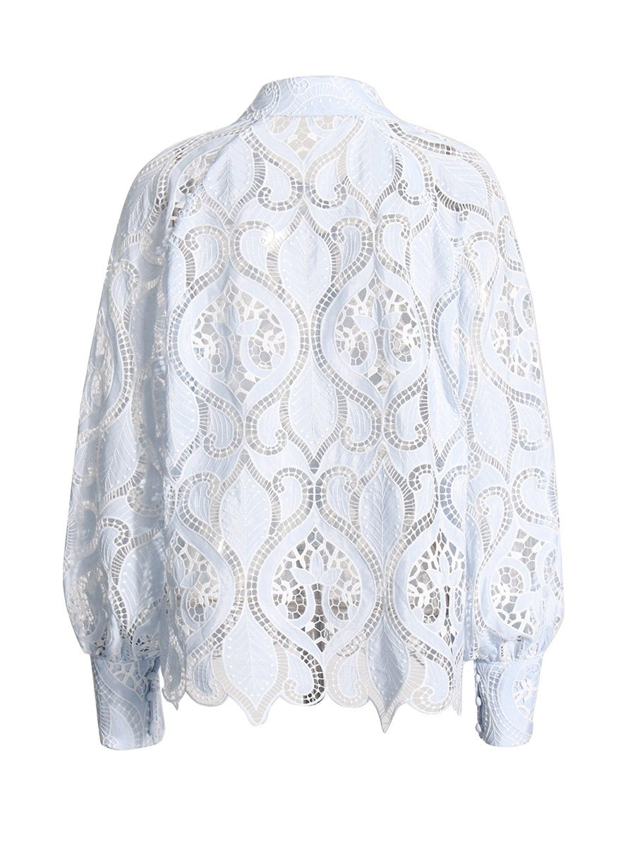 Chemise femme brodée ajourée à manches bouffantes