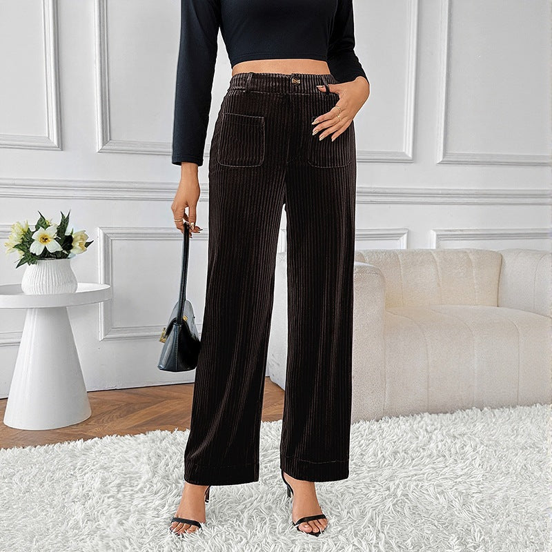 Pantalon droit taille haute femme – Casual automne-hiver, coloris café