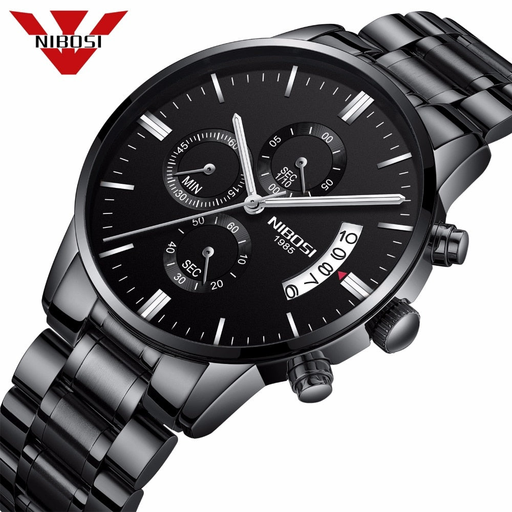 Nibosi Herrenuhr Quarz-Chronograph — 43 mm Edelstahlgehäuse, 3 bar wasserdicht, inklusive Geschenkbox