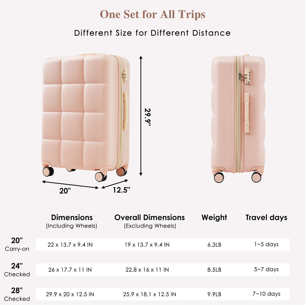 Set de 3 Valises Rigides Rose en ABS – Port USB, Porte-Gobelet et Roulettes 360°