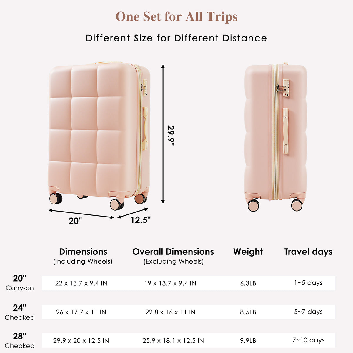 Set de 3 Valises Rigides Rose en ABS – Port USB, Porte-Gobelet et Roulettes 360°