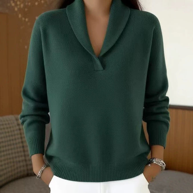 Pull col en V ample uni – Maille polyester, manches longues, polyvalent