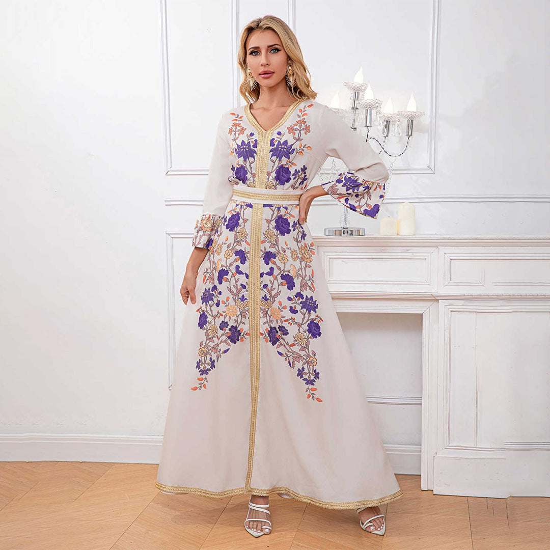Robe longue imprimée à manches évasées trois-quarts