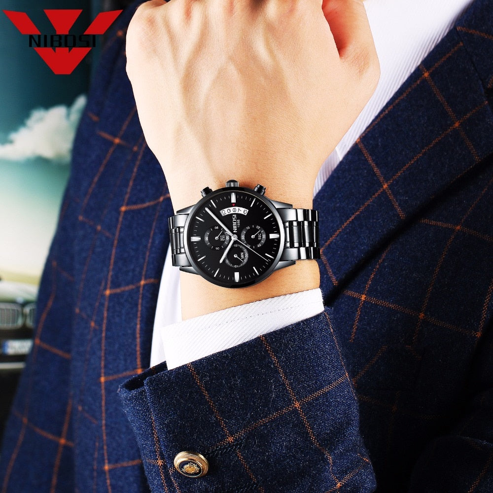 Montre Homme Nibosi Quartz Chronographe — Boitier Acier 43mm, Étanche 3 Bar, Coffret Inclus