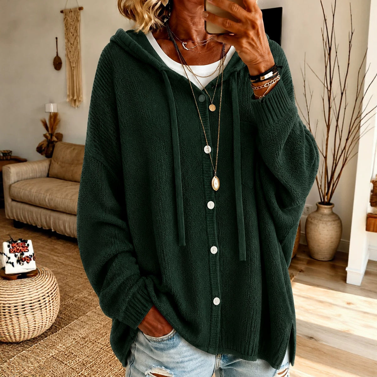Damen-Strickjacke mit Kapuze und Knöpfen – Leuchtende Farben & bequeme Passform