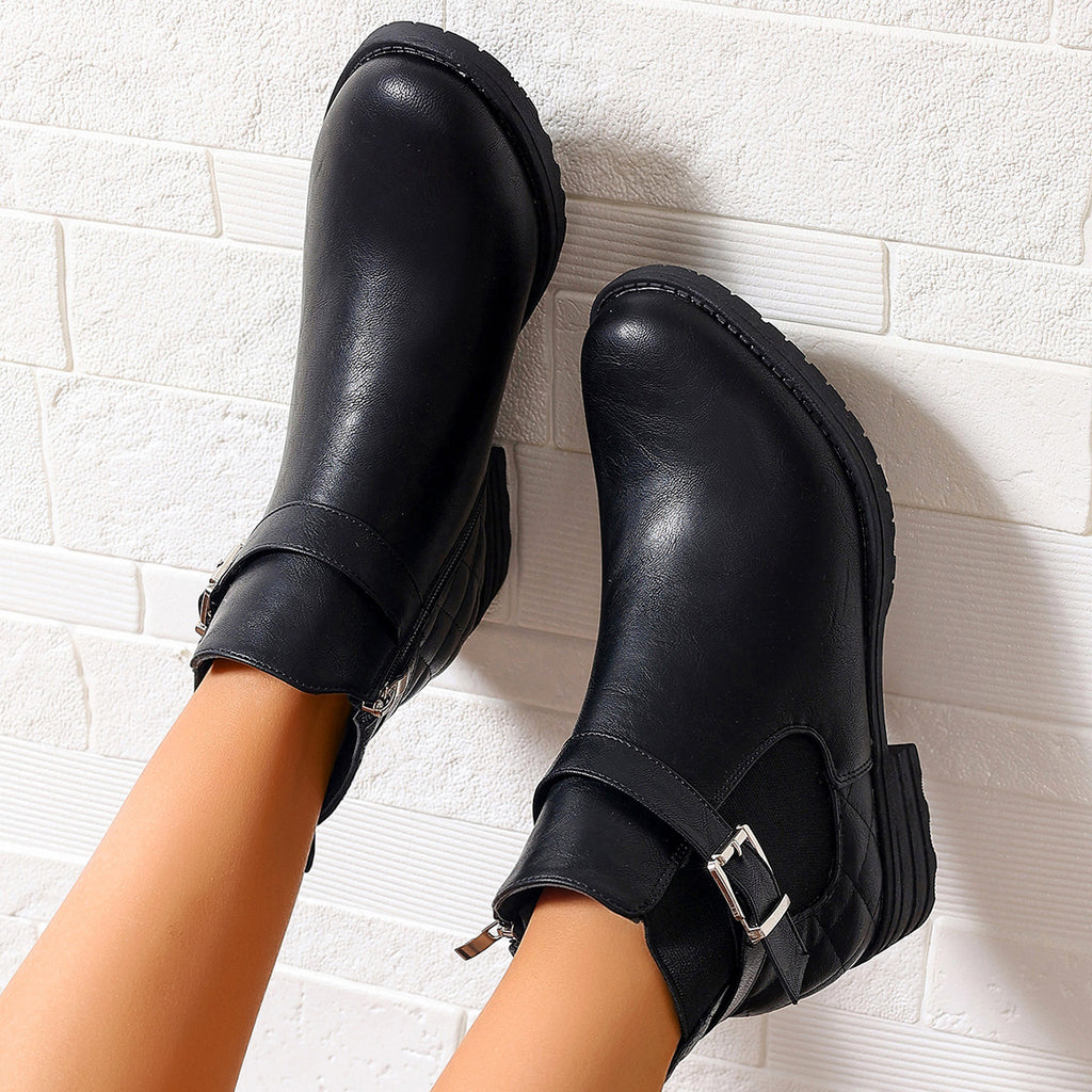 Bottines Courtes Femme Automne Hiver – Talon Bas Confortable, Boucle, Cuir Carreauté