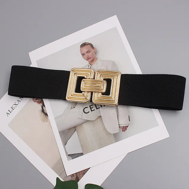 Ceinture large élastique femme à boucle géométrique dorée