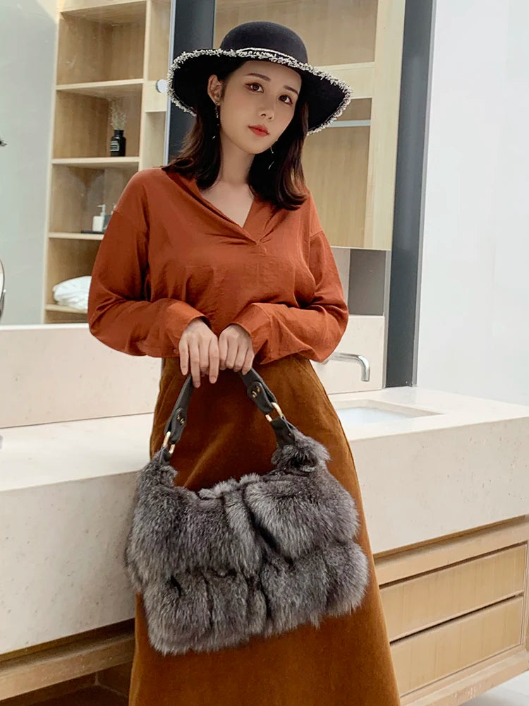 Women's Genuine Fox Fur Handbag – Luxury Winter Tote