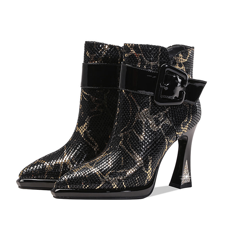 Bottines Femme Cuir Véritable Talon Épais 10 cm — Bout Pointu, Or & Argent, Soirée