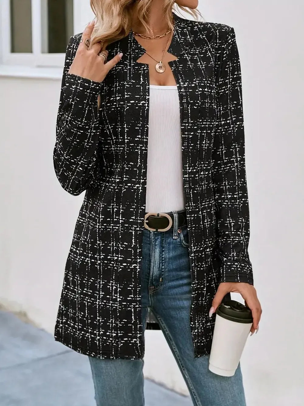 Damen-Blazer kariert, offen zu tragen, langärmlig, ungefüttert
