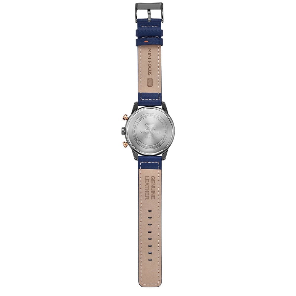 Montre Homme Chronographe Quartz Mini Focus — Bracelet Cuir Véritable, Étanche 30M, 41mm