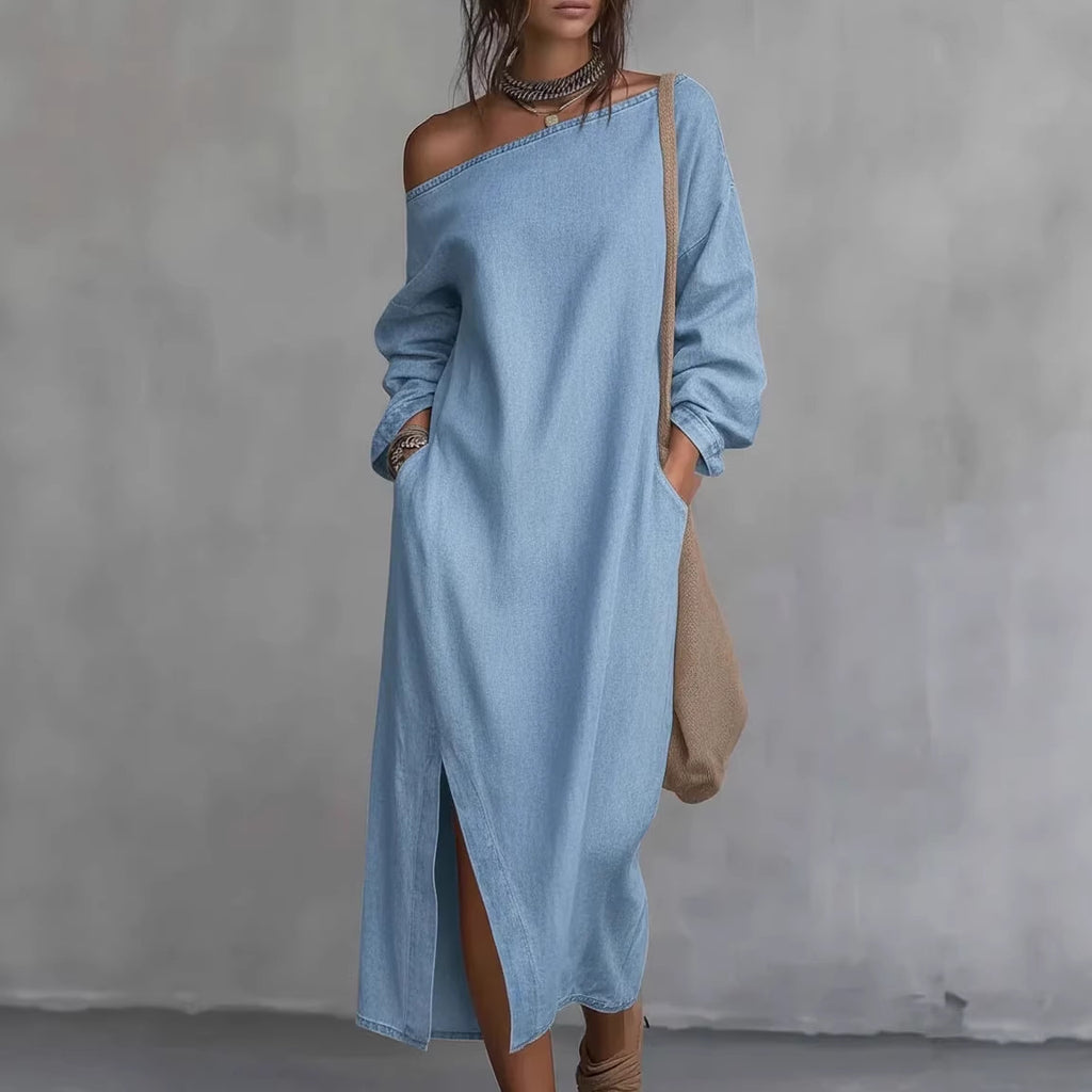 Robe longue asymétrique à manches longues et boutons