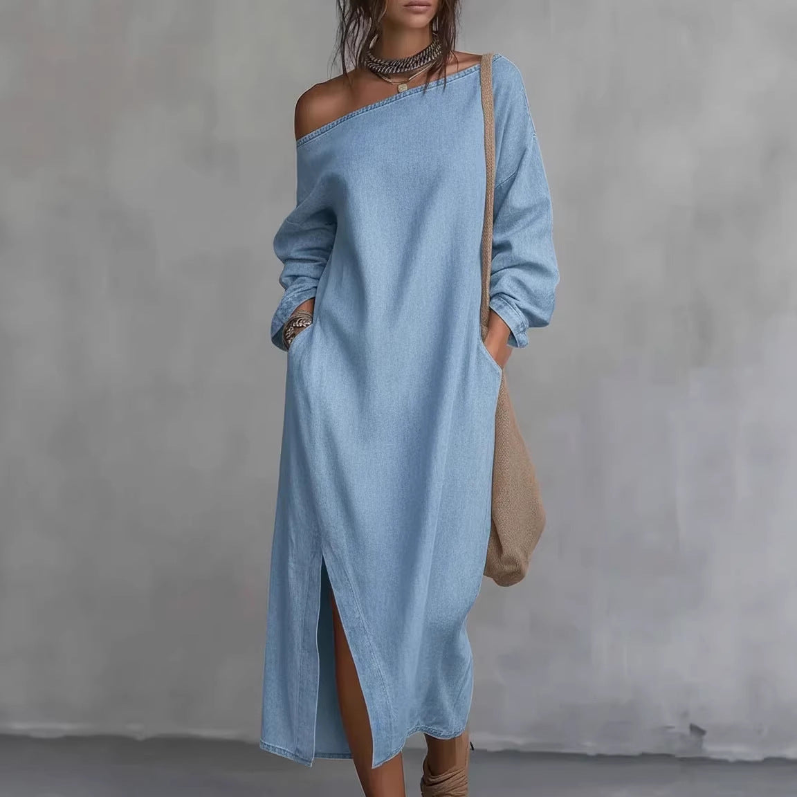 Robe longue asymétrique à manches longues et boutons
