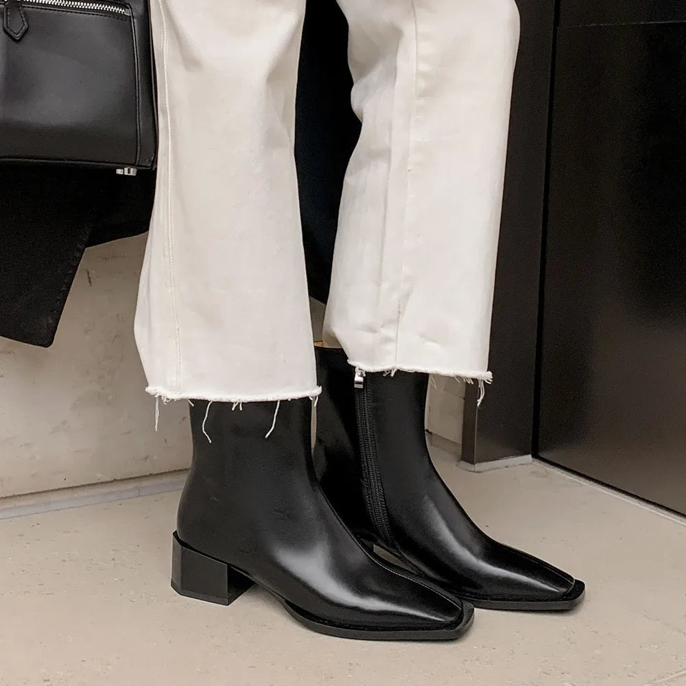 Genuine Leather Women's Ankle Boots – Two-Tone, Zipper Closure, Chic Office Style