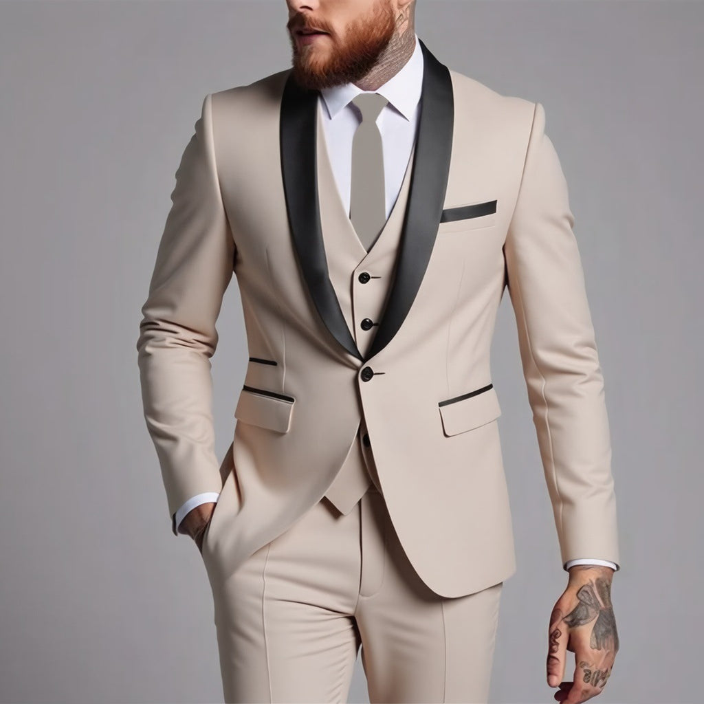 Costume homme trois pièces coupe ajustée à col châle contrastant