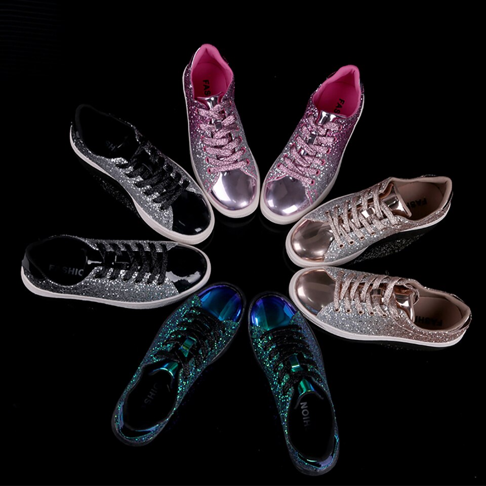 Baskets Plates Paillettes Bling Femme – Lacets, Tige PU, Style Casual Printemps