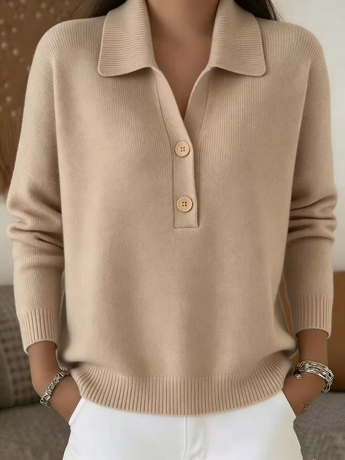 Strickpullover mit Schalkragen, Knöpfen, lockerer Schnitt
