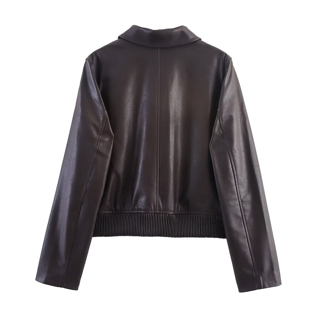 Blouson femme marron enduit à poches et détails dorés