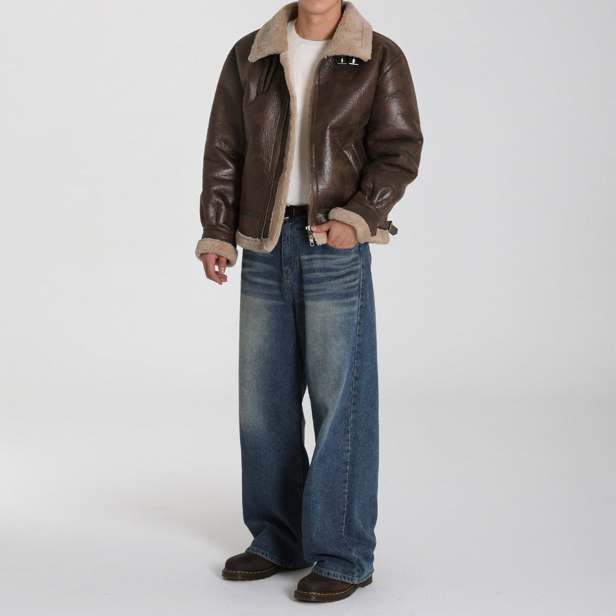 Blouson aviateur homme marron aspect cuir à col effet mouton