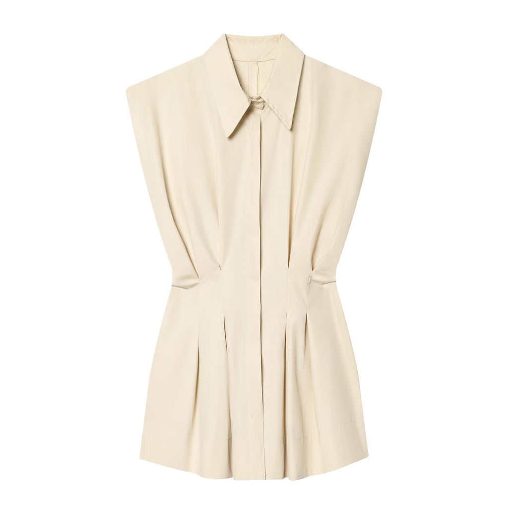 Blouse femme sans manches à col chemise et taille plissée