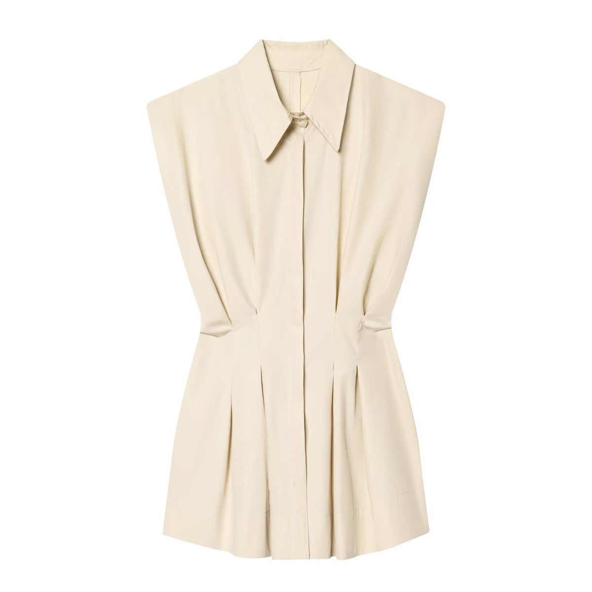 Blouse femme sans manches à col chemise et taille plissée