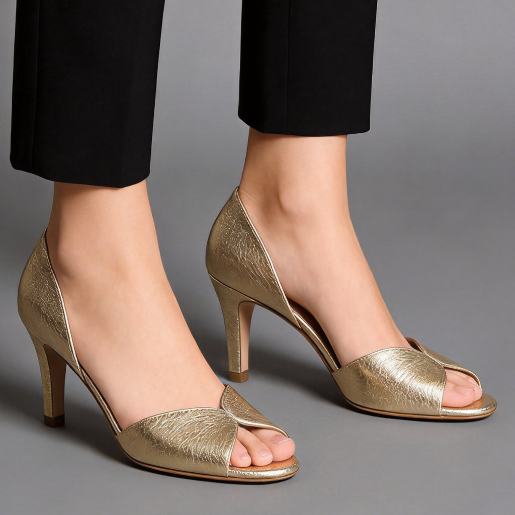 Sandales à talon slim bout ouvert dorées pour femme – Cuir véritable