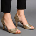 Sandales à talon slim bout ouvert dorées pour femme – Cuir véritable