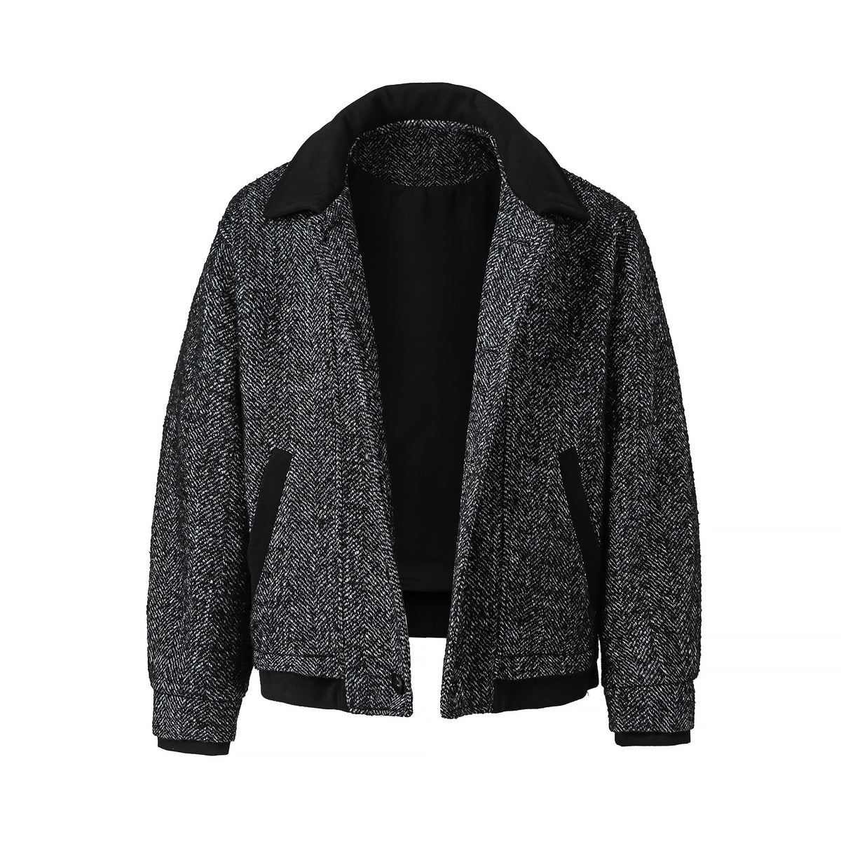 Veste homme style preppy laine grossière col revers loose mi-longue noire