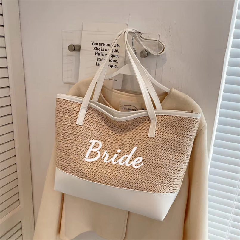 Sac de Plage Tressé Grande Capacité – Style Bohème, Couleur Kaki