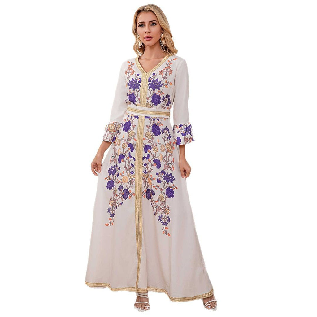 Robe longue imprimée à manches évasées trois-quarts