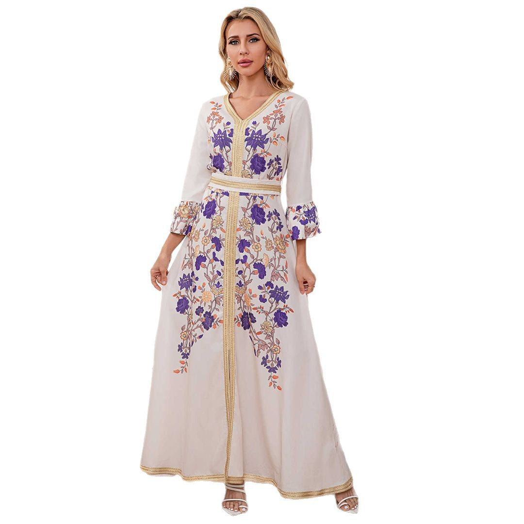 Robe longue imprimée à manches évasées trois-quarts