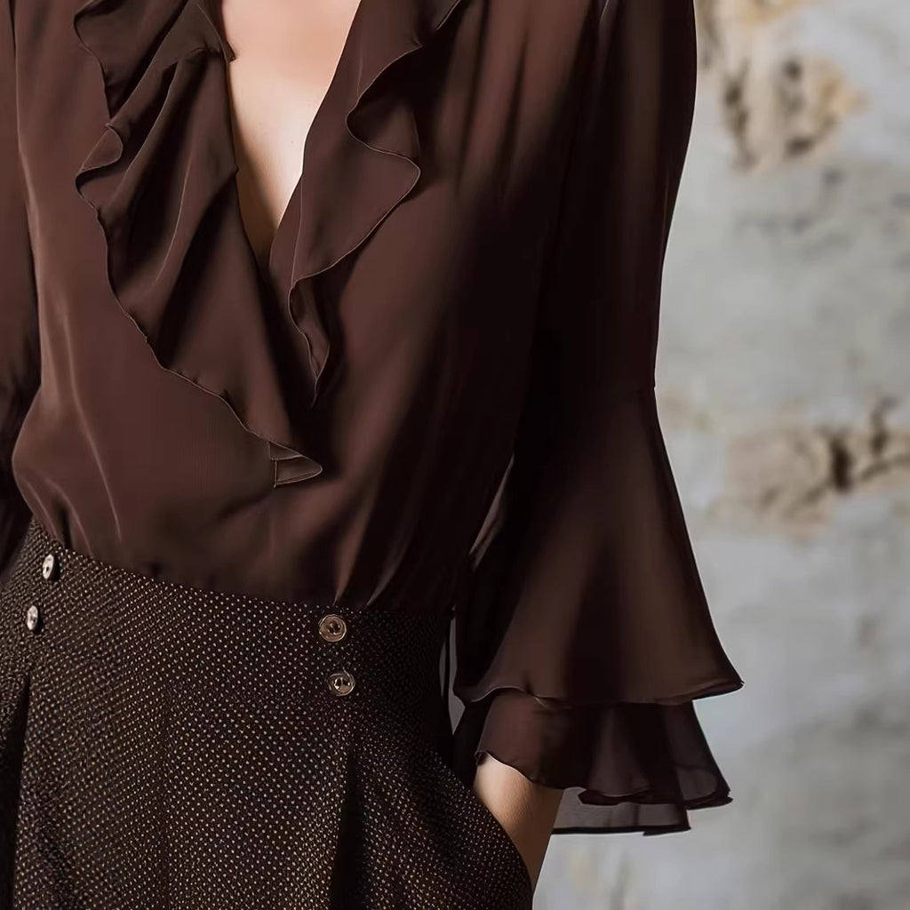 Blouse femme à volants, col V et manches longues